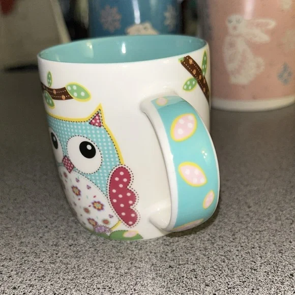 Burton & Burton Owl Mug Cup Calico Patchwork Turquoise 12 Oz. 2014 Whimsical - Picture 2 of 6